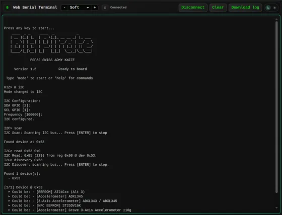 ESP32 Bit Pirate Web Serial Terminal: Scan addresses, read registers and identify possible devices on the bus.