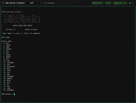 ESP32 Bit Pirate Web Serial Terminal: Explore the firmware modes for wired buses, wireless protocols and USB tools.