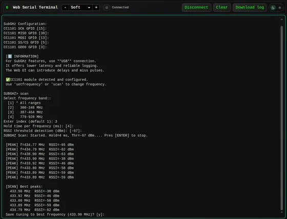 ESP32 Bit Pirate Web Serial Terminal: Use a CC1101 module to find active frequencies and compare signal strength.