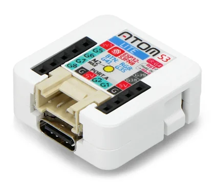 AtomS3 Lite printed GPIO label photo with Grove, power and pin numbers visible