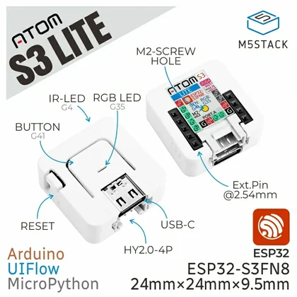 AtomS3 Lite overview with IR LED, RGB LED, button, USB-C, Grove and external pins