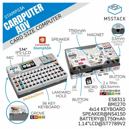 Cardputer ADV hardware overview with screen, Grove, keyboard, 2x7 header and battery labels