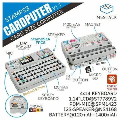 Cardputer hardware overview with screen, Grove, keyboard, SD and battery labels