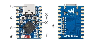 Annotated front and rear photo: 1 chip, 2 USB-C, 3 regulator, 4 RGB LED, 5 antenna, 6 BOOT, 7 RESET, 8 extra GPIO pads.