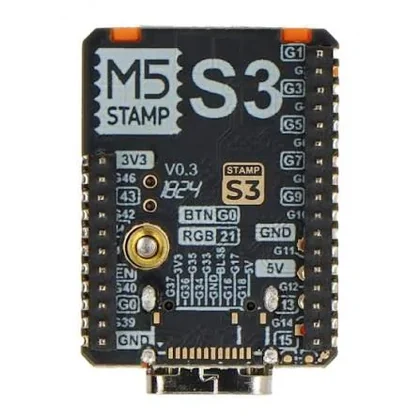 StampS3 module close photo with GPIO, 3V3, 5V, GND, EN, RGB and button labels