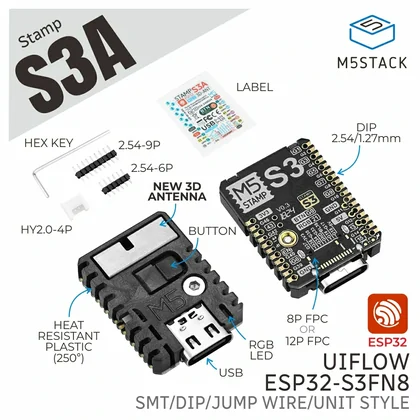StampS3A hardware overview with DIP pitch, headers, label, USB-C, RGB LED, FPC connectors and antenna
