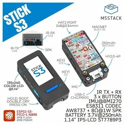 StickS3 overview with rear pin label, HAT2 port, Grove connector, IR and buttons