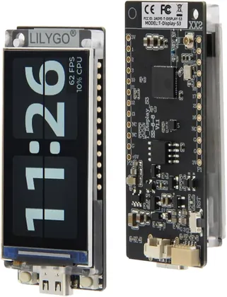 T-Display S3 front and back board photo with visible GPIO labels, USB-C and reset button