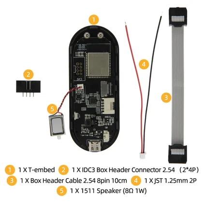 T-Embed S3 kit contents photo with IDC3 box header cable and speaker