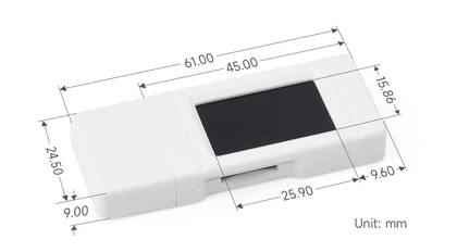 Manufacturer dimensions in millimeters, including the display opening and USB cap.