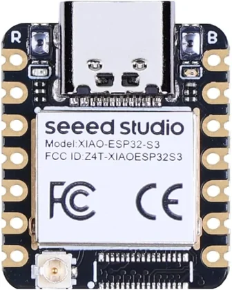 XIAO ESP32-S3 front board photo with USB-C, castellated pads, U.FL connector and shield