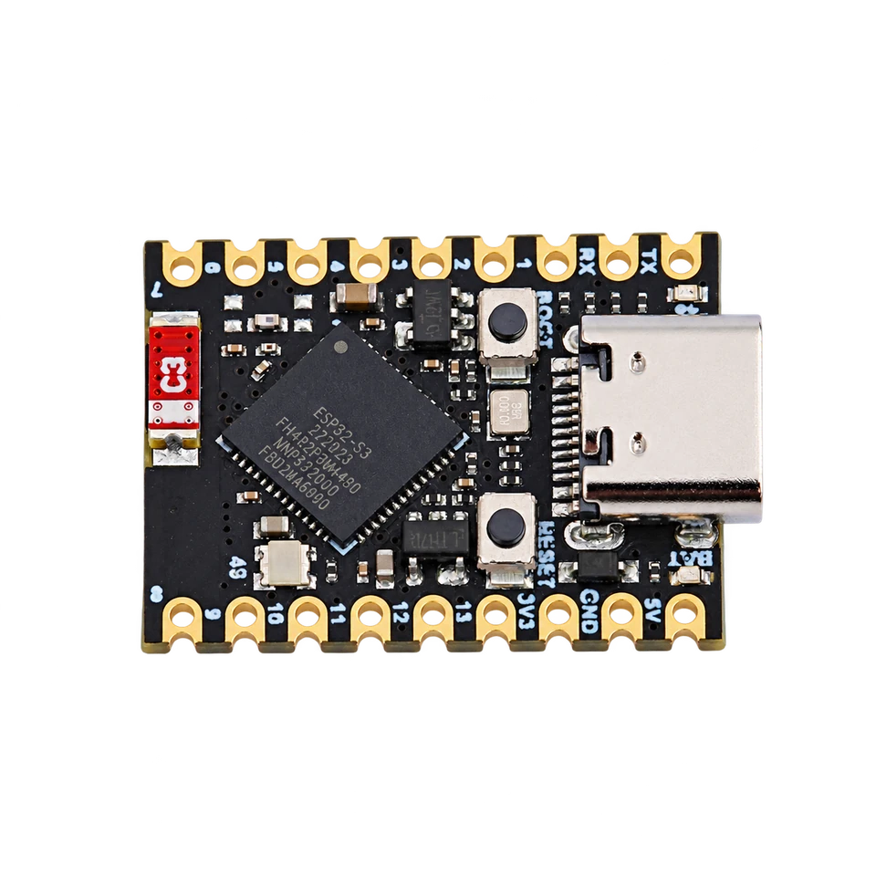 ESP32-S3 Super Mini front view with the ESP32-S3FH4R2 chip, USB-C connector and GPIO pads.