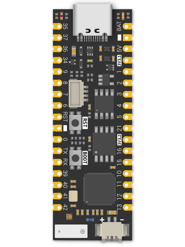 Official Unexpected Maker ProS3 illustration showing USB-C, STEMMA QT, battery connector and GPIO labels.