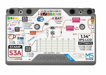 Cardputer ADV rear pinout label with Grove, 2x7 header, SD SPI, IR and power pins