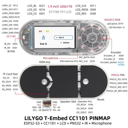 T-Embed CC1101 pinout reference for ESP32 Bit Pirate wiring