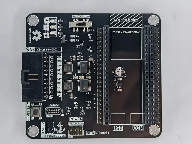 Assembled Bit Pirate Hardware Dock PCB with 10-pin adapter connector.