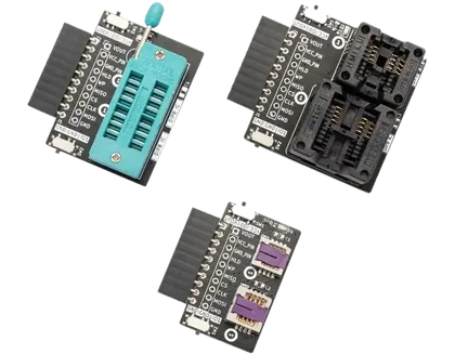 Bus Pirate SPI flash adapter boards with DIP8, SOP8 and WSON8 sockets.