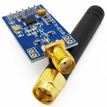 CC1101 RF module with SMA antenna photo showing the physical module shape, header end and antenna connection.