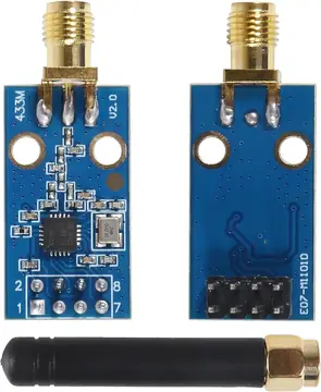 CC1101 module front and back photo showing the SMA connector, mounting holes and 8-pin header numbering.
