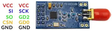 Wide CC1101 module photo showing silk-screen pin labels VCC, SI, SO, CSN, GND, SCK, GDO2 and GDO0 beside the header pads.