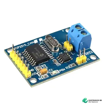 MCP2515 CAN module angled photo showing blue PCB, yellow SPI header and CAN bus terminal block.