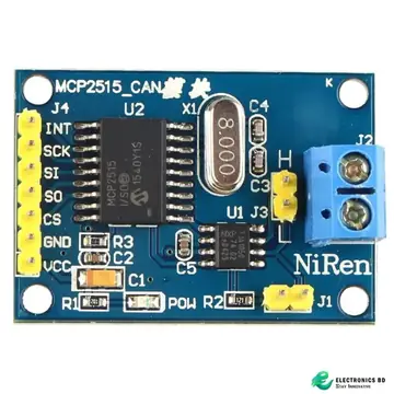 MCP2515 CAN module back photo showing reverse PCB side, solder joints and connector alignment.