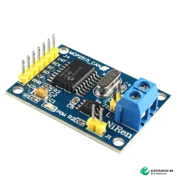MCP2515 CAN bus module front photo showing SPI header, MCP2515 controller, TJA1050 transceiver and CAN terminal block.