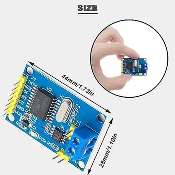 MCP2515 CAN module pinout showing interrupt, SCK, MOSI, MISO, chip select, ground, 5V, CAN high, CAN low and 120 ohm termination.