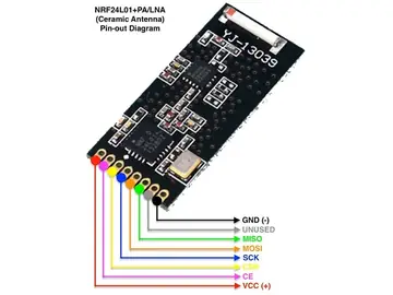 nRF24L01 ceramic antenna PA LNA pinout diagram showing VCC, CE, CSN, SCK, MOSI, MISO and GND labels.
