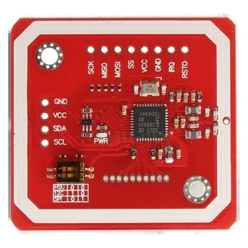 PN532 NFC RFID module photo showing the I2C header, SPI header, IRQ, RSTO and mode switch area.