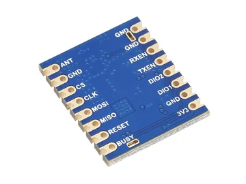 Core1262 module rear photo showing ANT, CS, CLK, MOSI, MISO, RESET, BUSY, RXEN, TXEN, DIO2, DIO1, 3V3 and GND labels.
