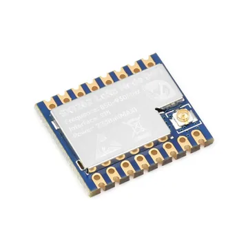 Angled Core1262-HF SX1262 module photo showing the metal shield, U.FL connector and castellated pads.
