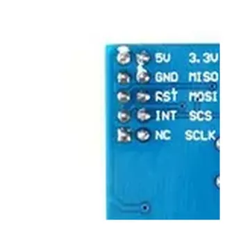 Back side of a common blue W5500 Ethernet module showing 5V, 3.3V, GND, MISO, MOSI, RST, INT, SCS and SCLK labels.