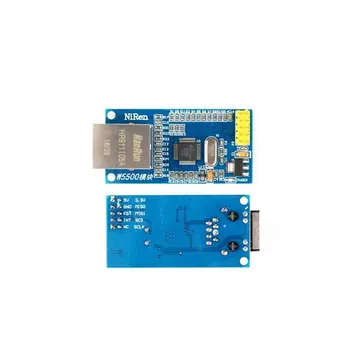 Common blue W5500 Ethernet module front and back showing RJ45 jack, W5500 chip, yellow header and back-side SPI labels.