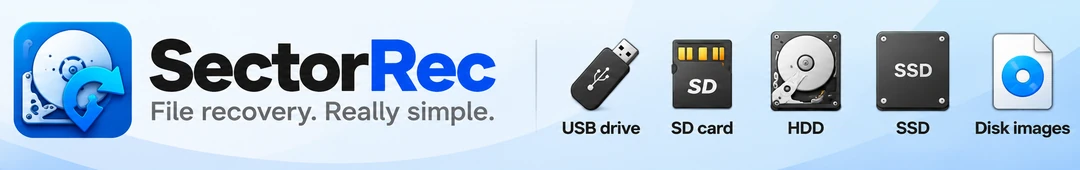 SectorRec — File recovery. Really simple. USB drive, SD card, HDD, SSD and disk images.