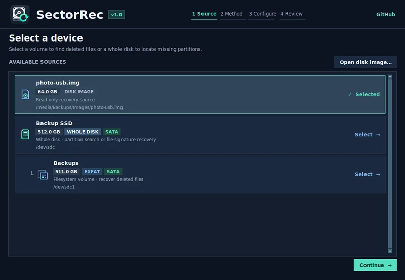 SectorRec's drive list with an existing photo-usb.img disk image selected.