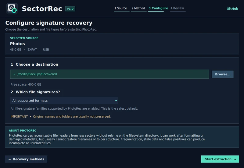 Recover by signatures (PhotoRec) settings, with a separate backup destination and file formats selected.